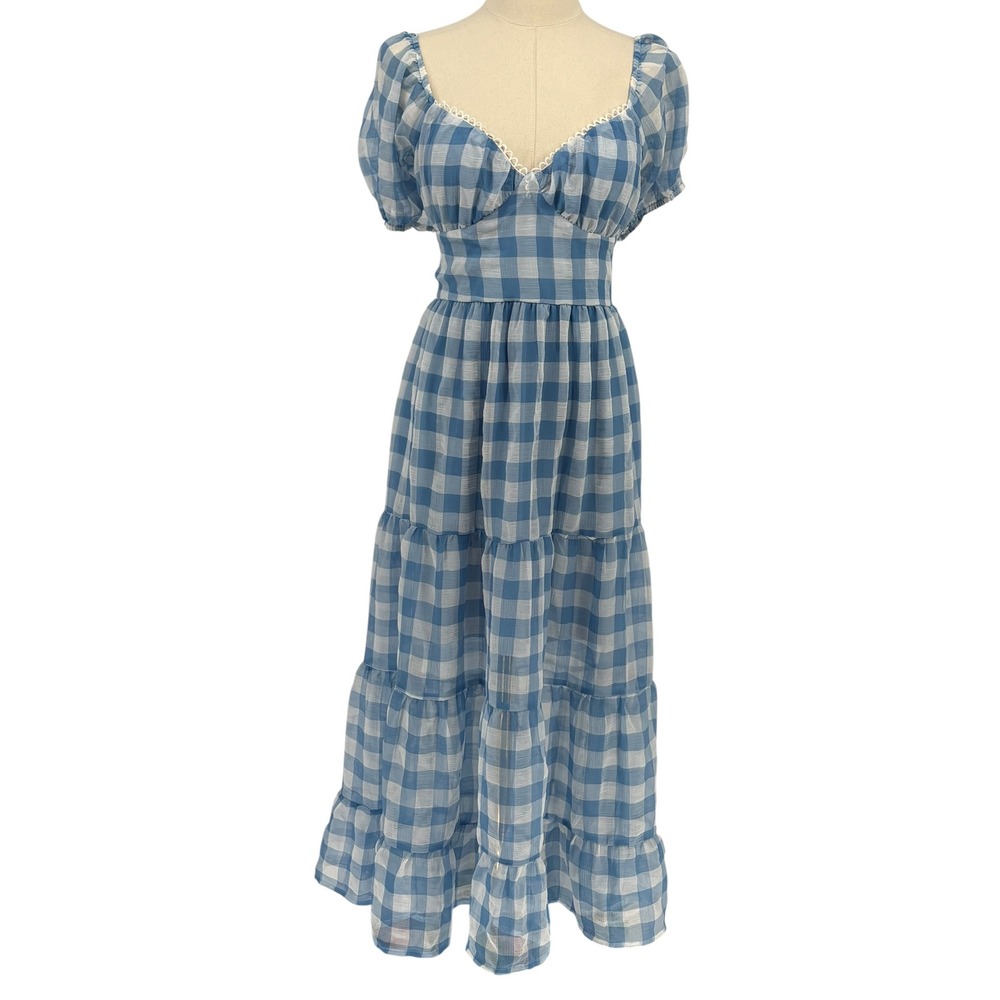 Mi Ami Maxi Dress Blue Gingham Open Back Tiered Sweetheart XL